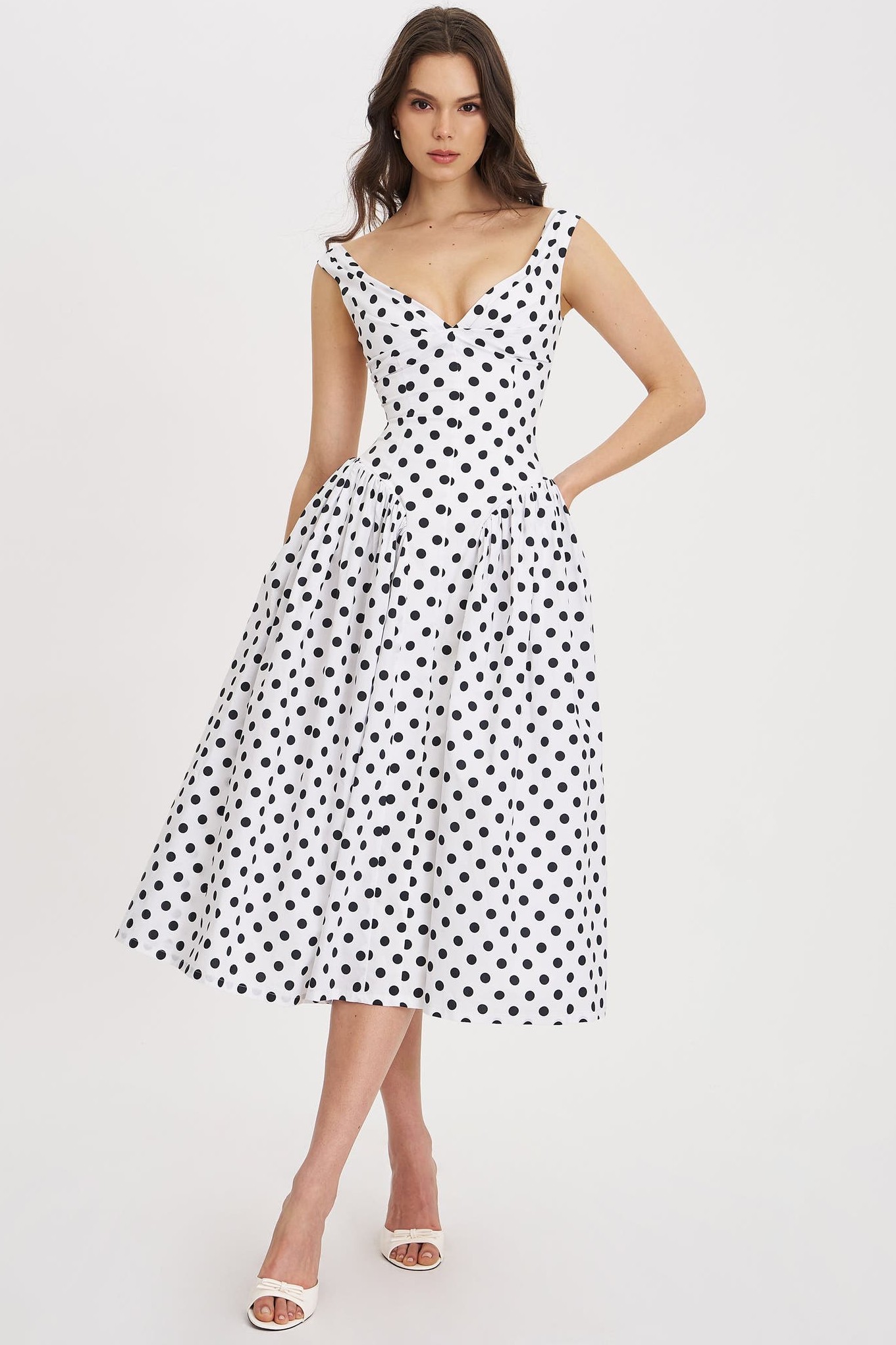 Polka Dot Gathering Midi Dress