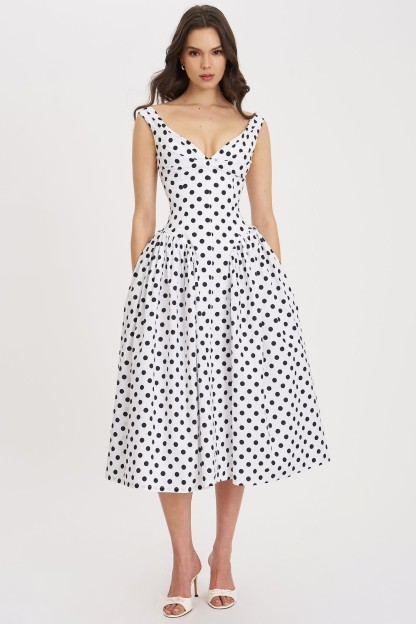 Polka Dot Gathering Midi Dress