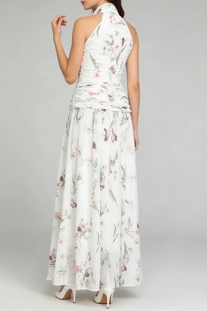 Chiffon Floral Halter Neck Maxi Dress