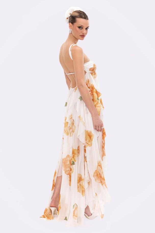 Floral Ruffle Backless Maxi Dress