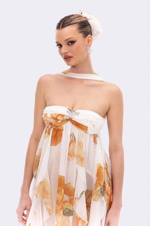 Floral Ruffle Backless Maxi Dress