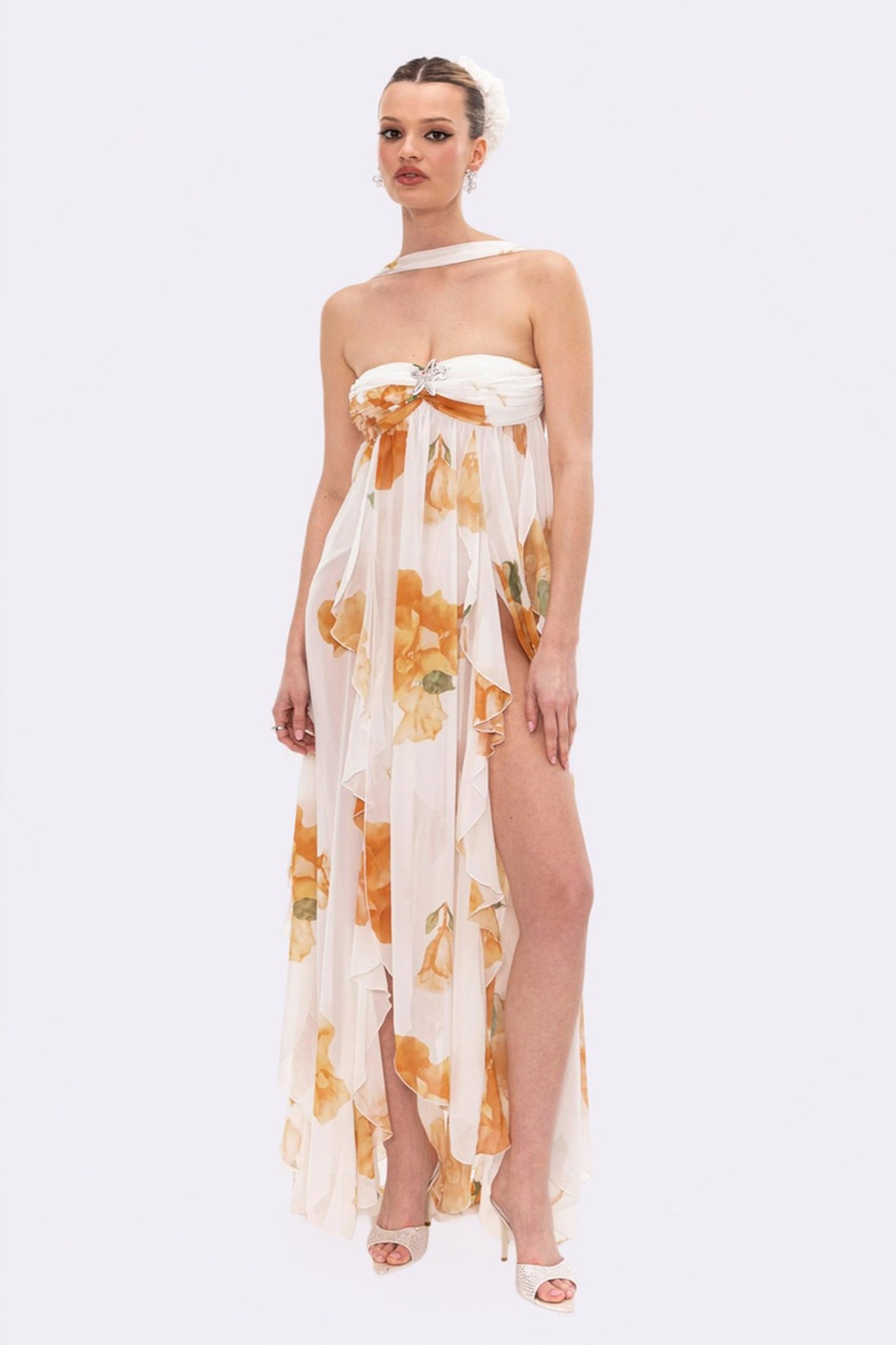 Floral Ruffle Backless Maxi Dress