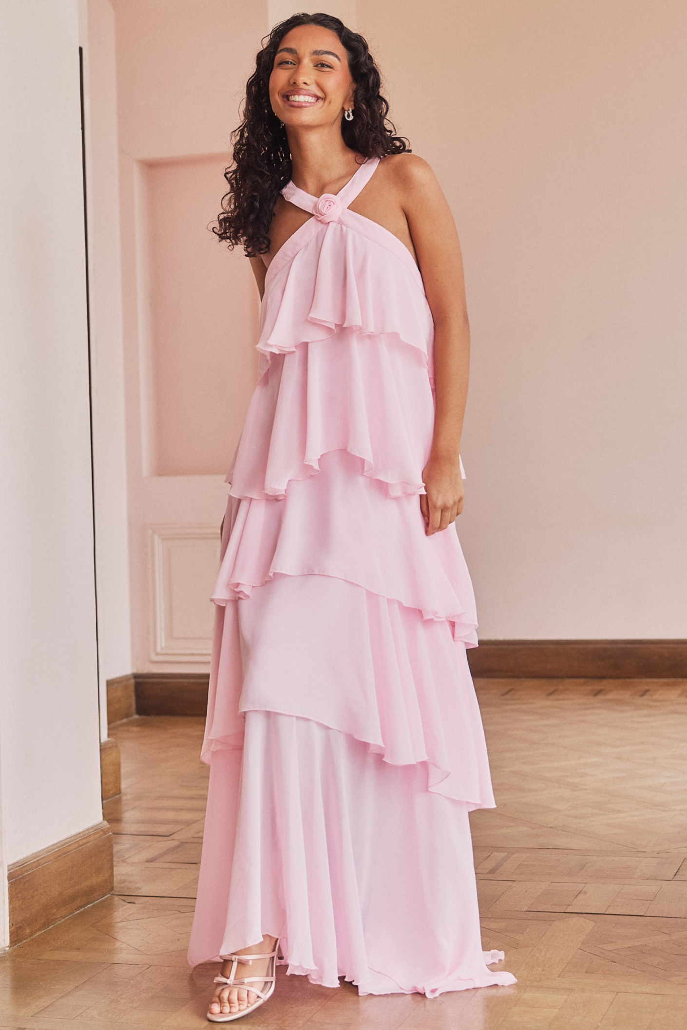 Chiffon 3D Flower Ruffle Maxi Dress