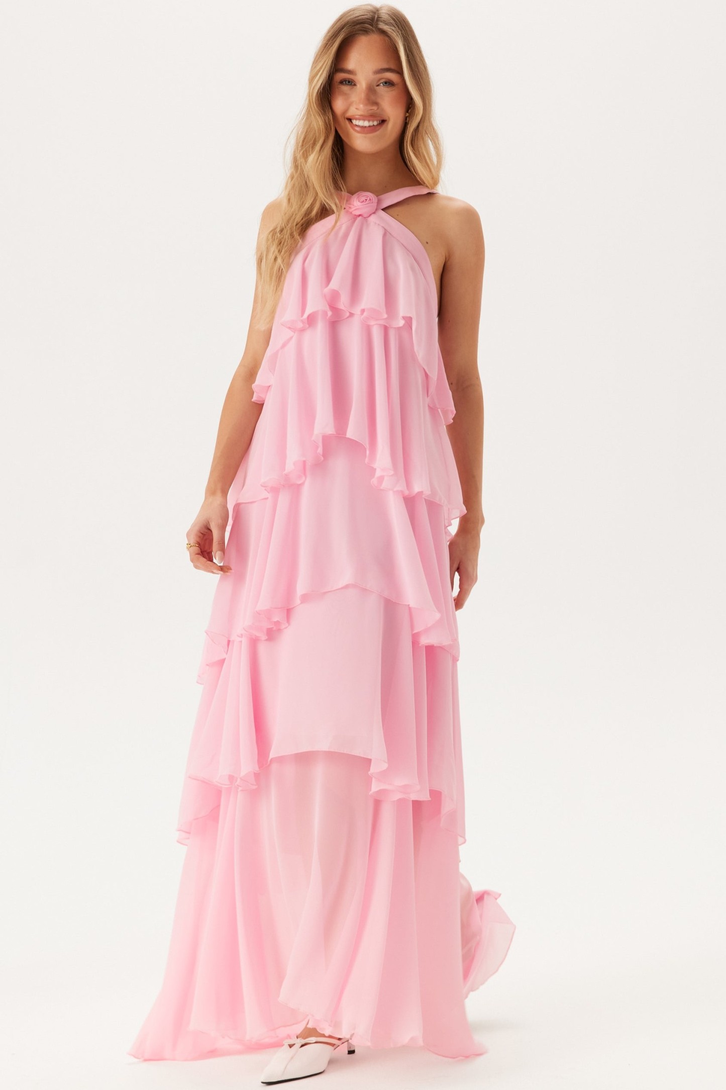 Chiffon 3D Flower Ruffle Maxi Dress