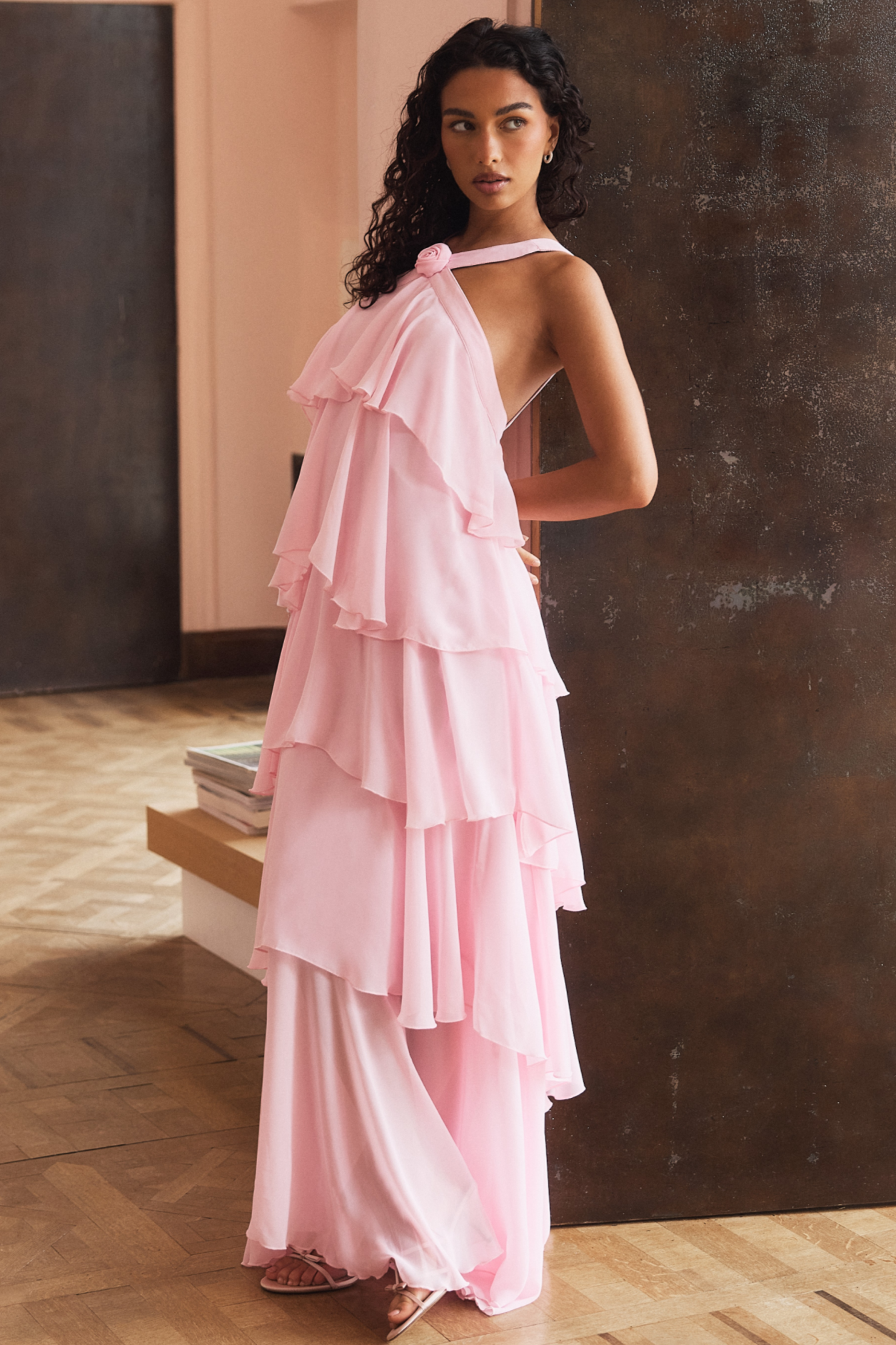 Chiffon 3D Flower Ruffle Maxi Dress