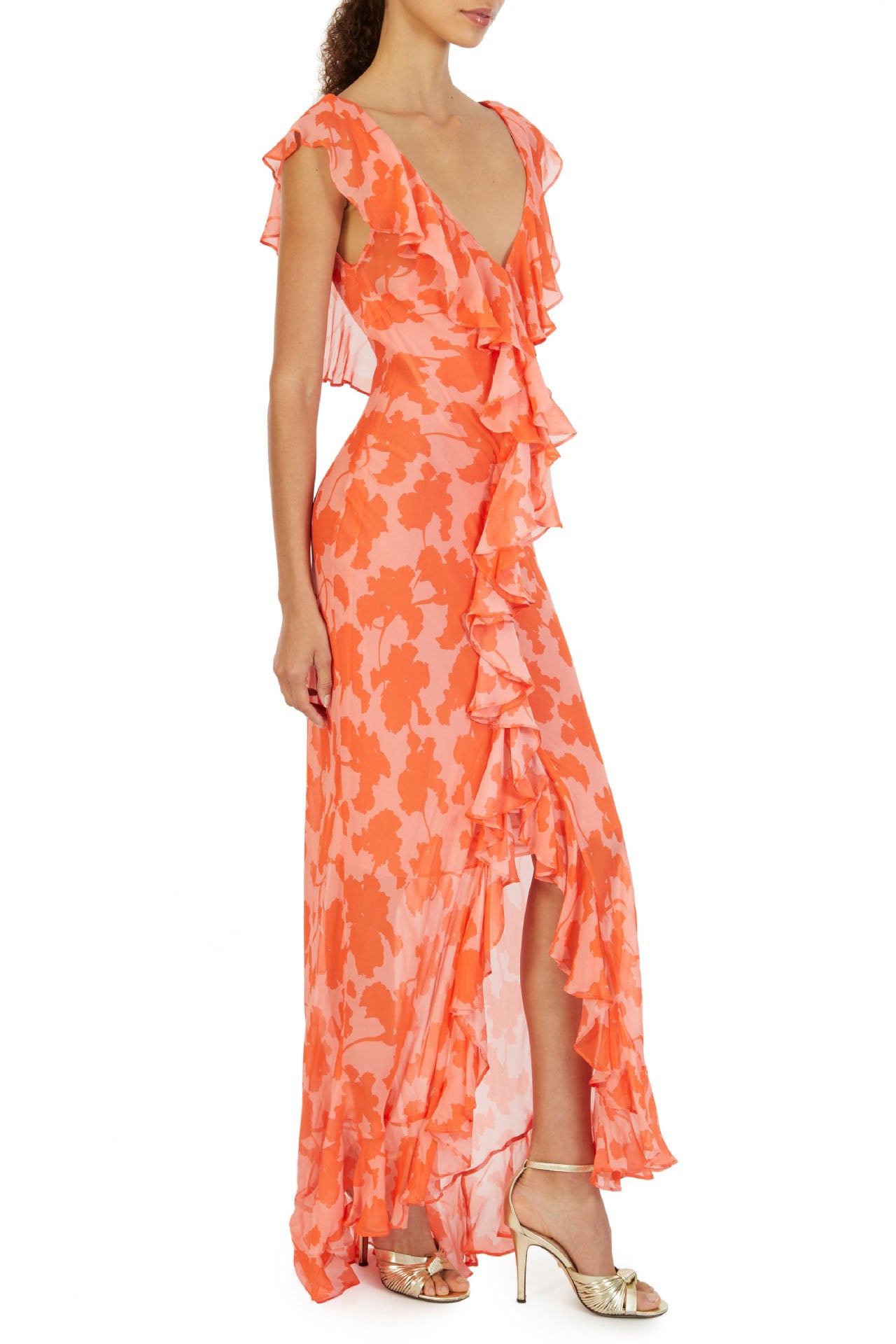 Floral Ruffle V-Neck Midi Dress