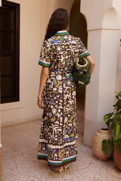 Doodle Print Shirt Collar Midi Dress