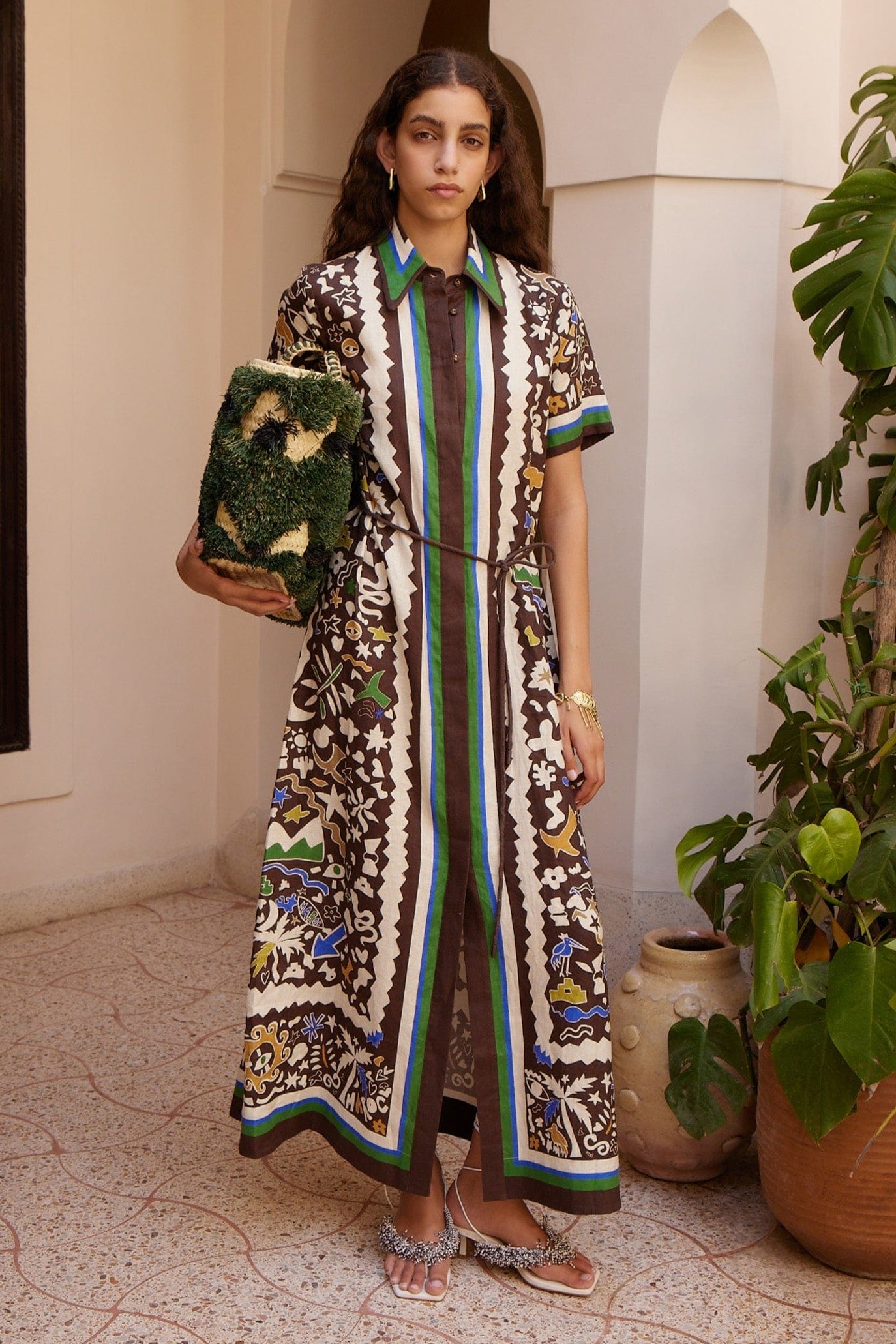 Doodle Print Shirt Collar Midi Dress