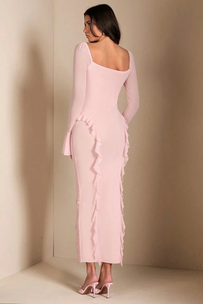 3D Flower Frill Bell Sleeve Midi Dress