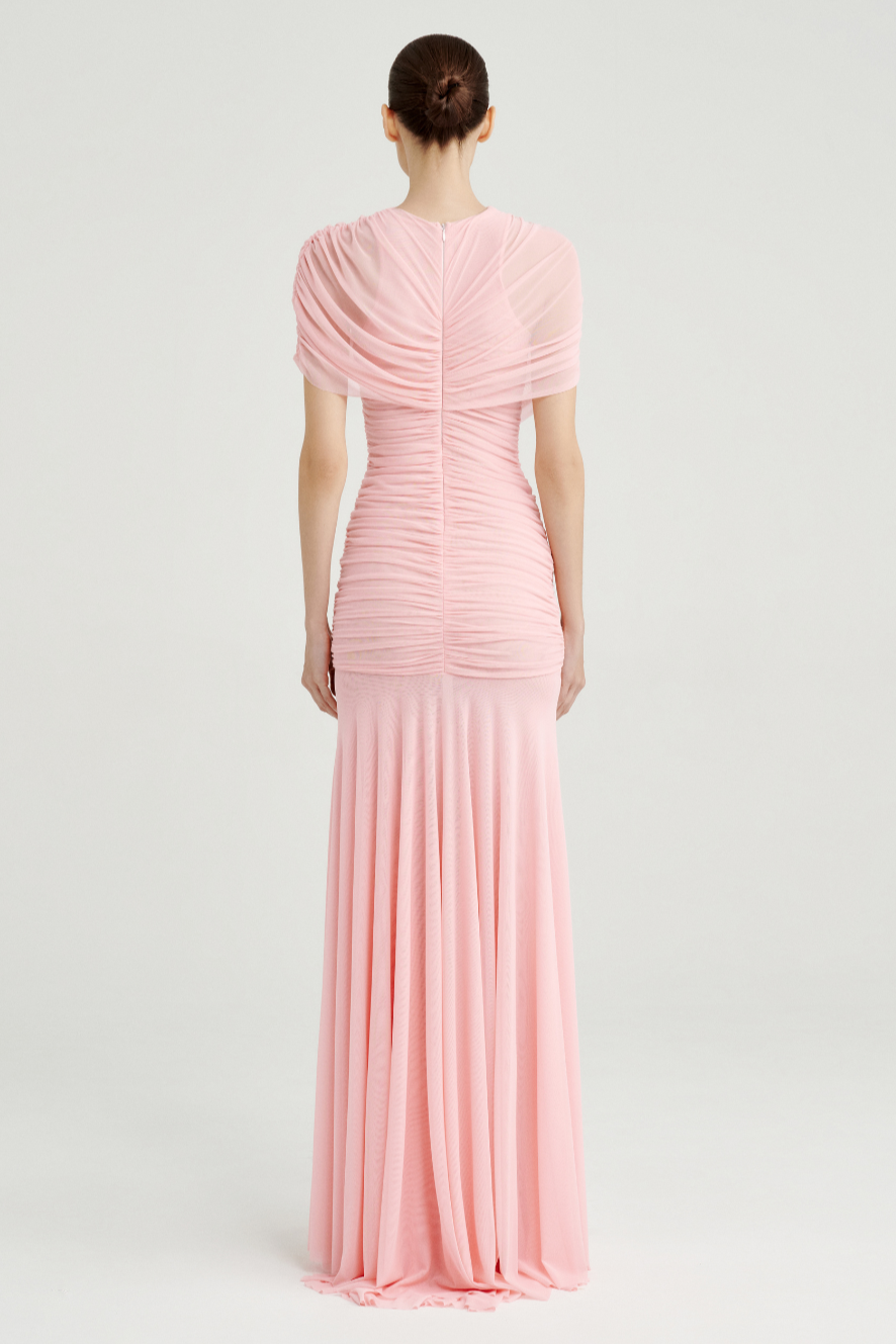 Gathering Solid Cape Sleeve Maxi Dress