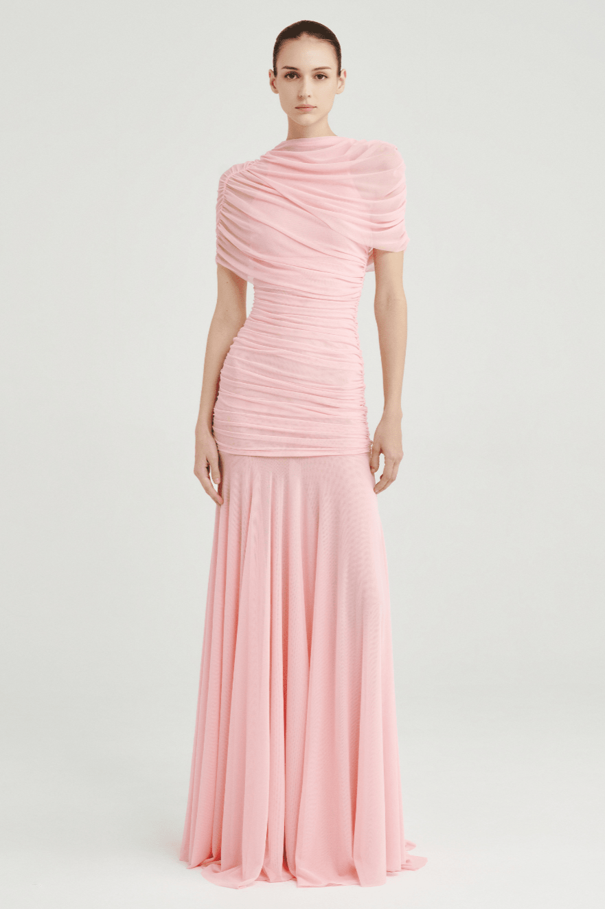 Gathering Solid Cape Sleeve Maxi Dress