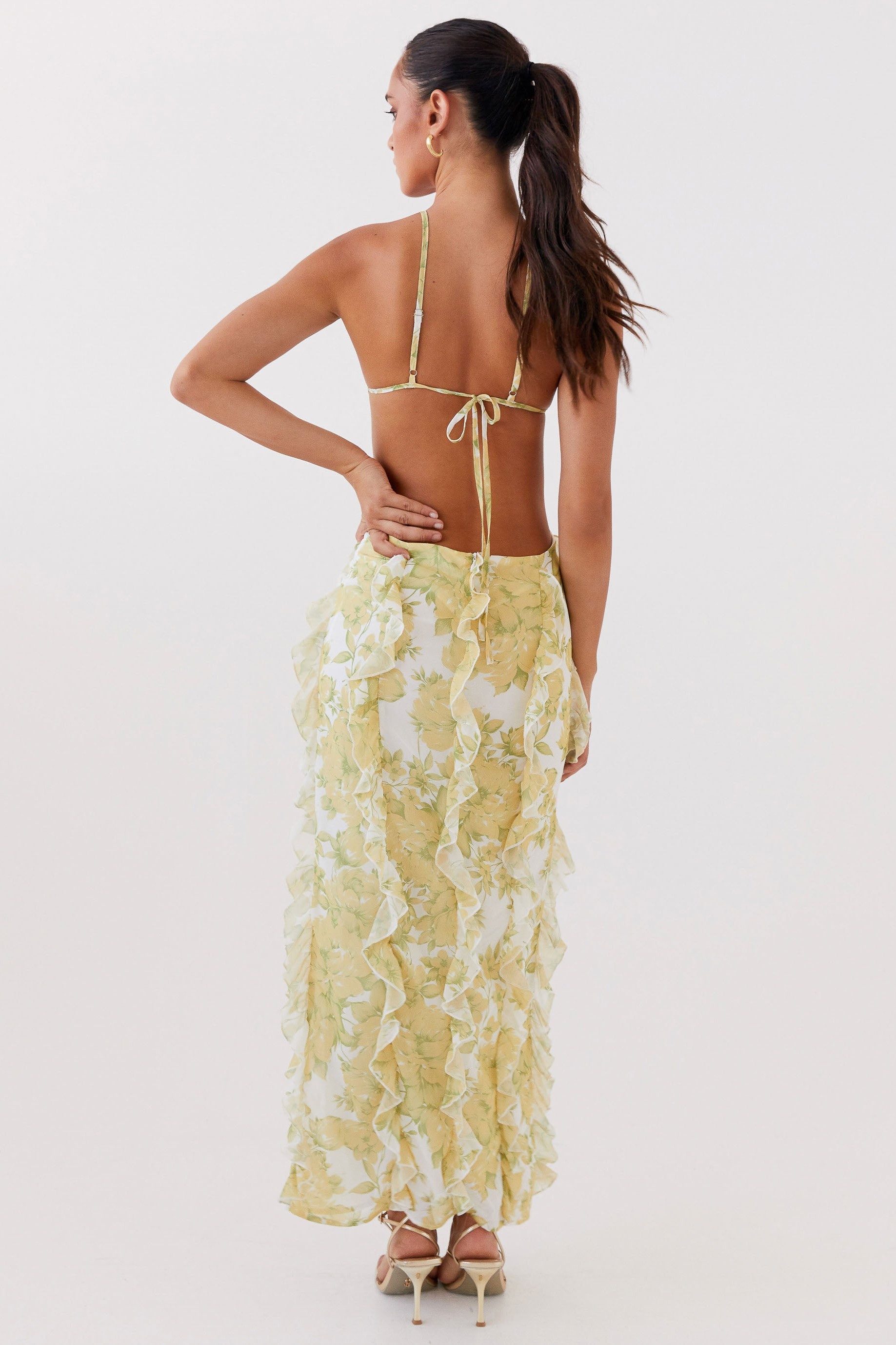 Floral Frill Lace-Up Midi Dress