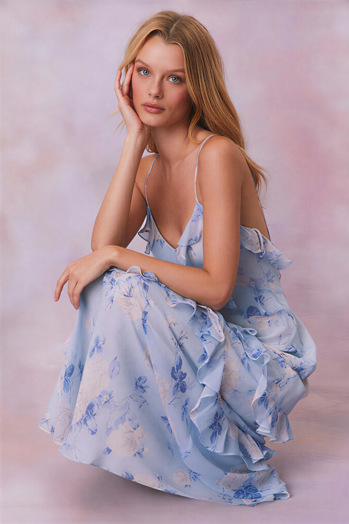 Floral Frill Backless Slip Maxi Dress