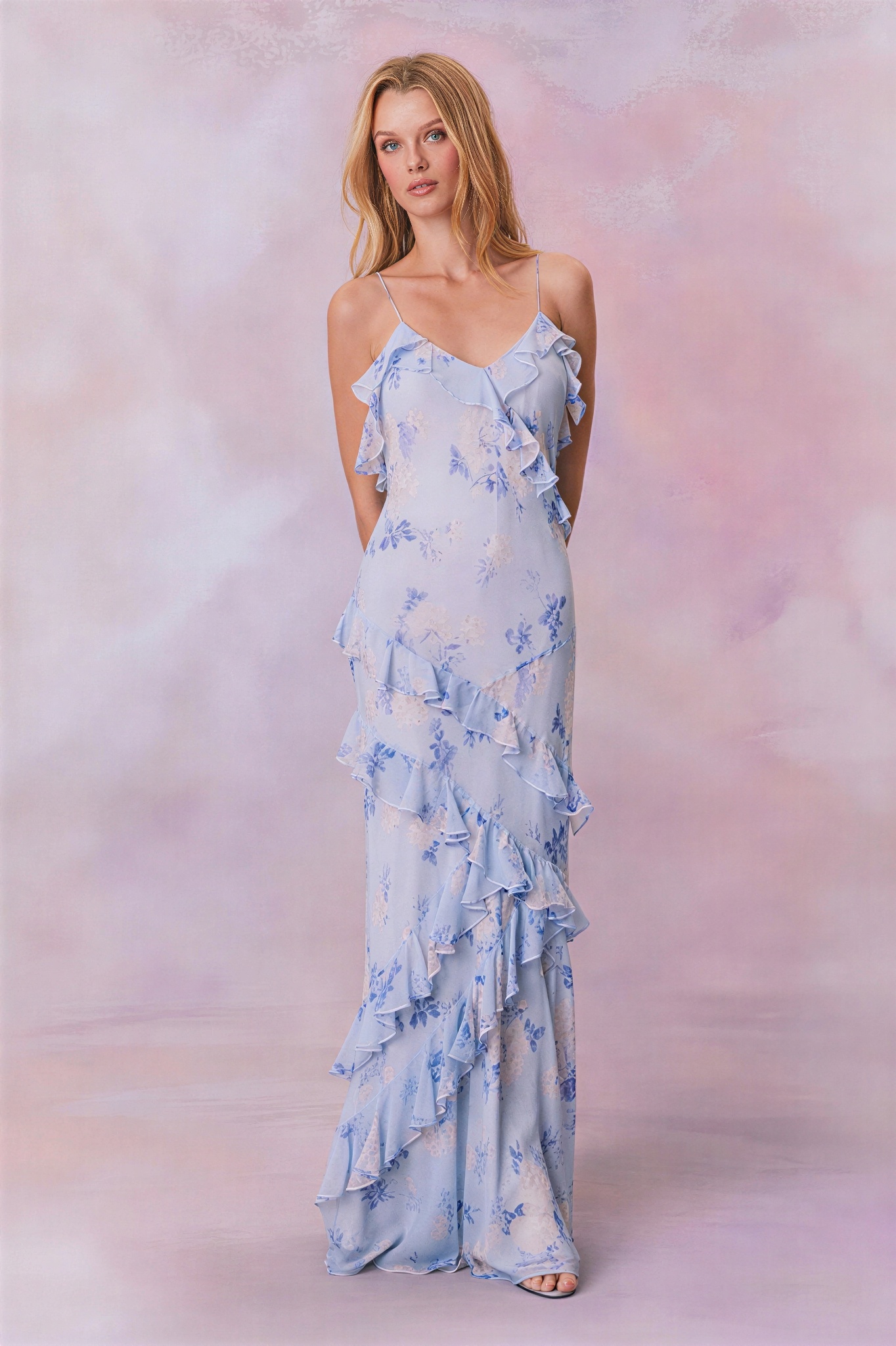 Floral Frill Backless Slip Maxi Dress