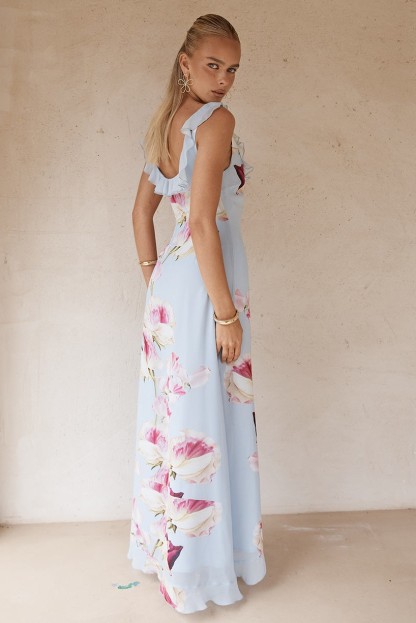 Floral Frill U-Neck Midi Dress
