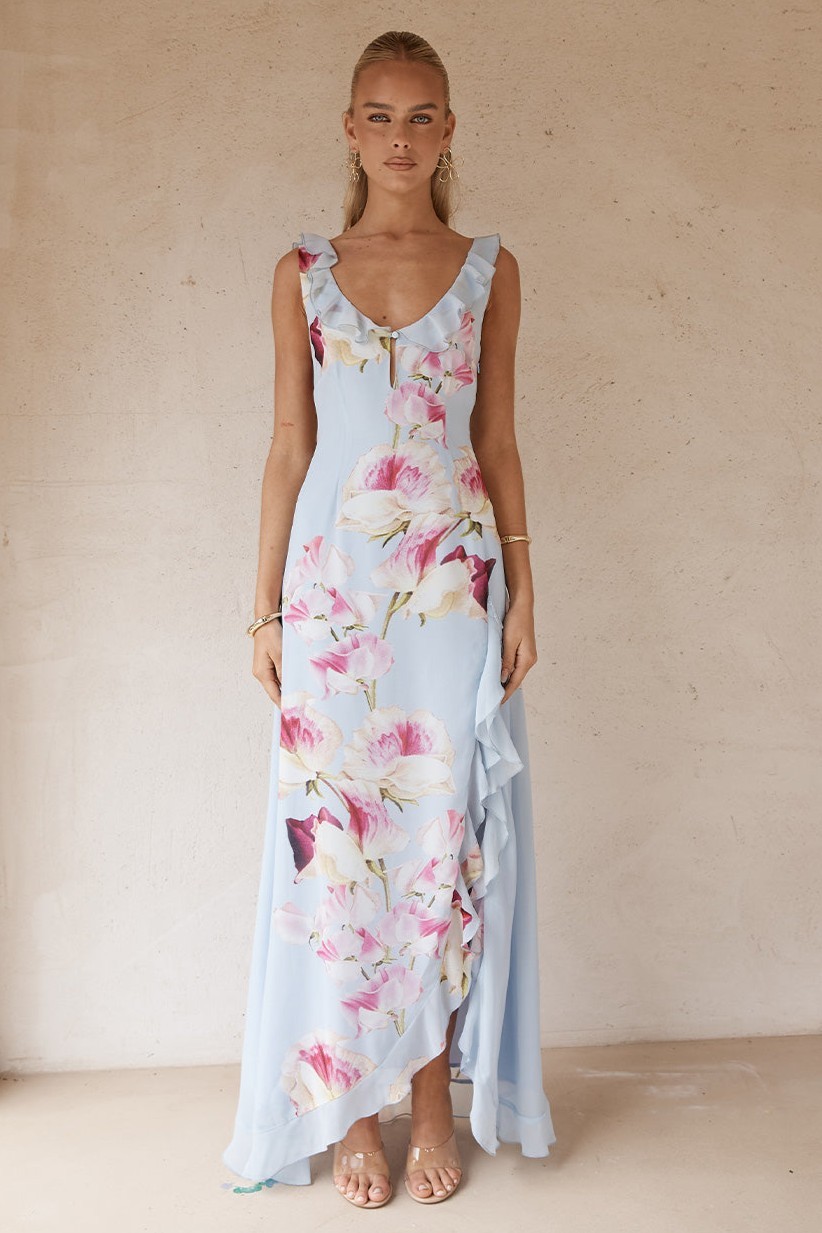 Floral Frill U-Neck Midi Dress