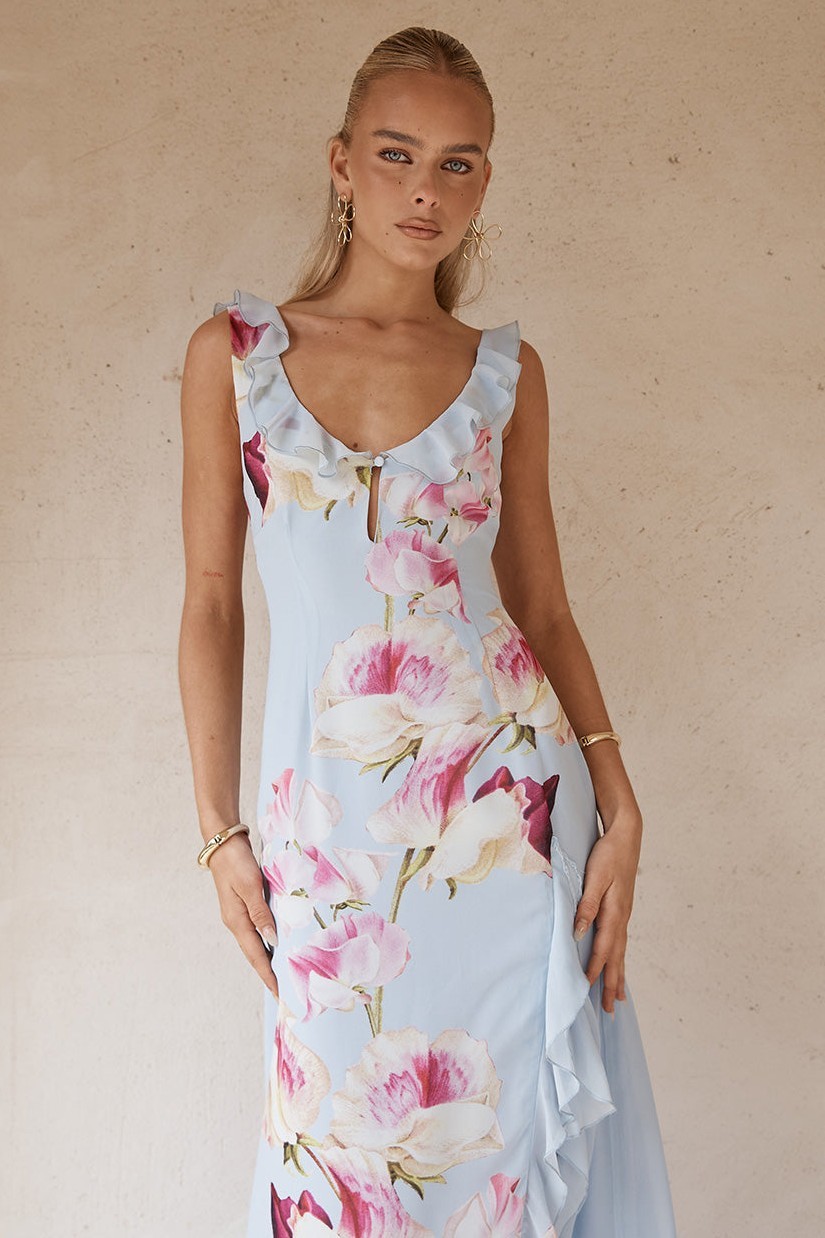 Floral Frill U-Neck Midi Dress