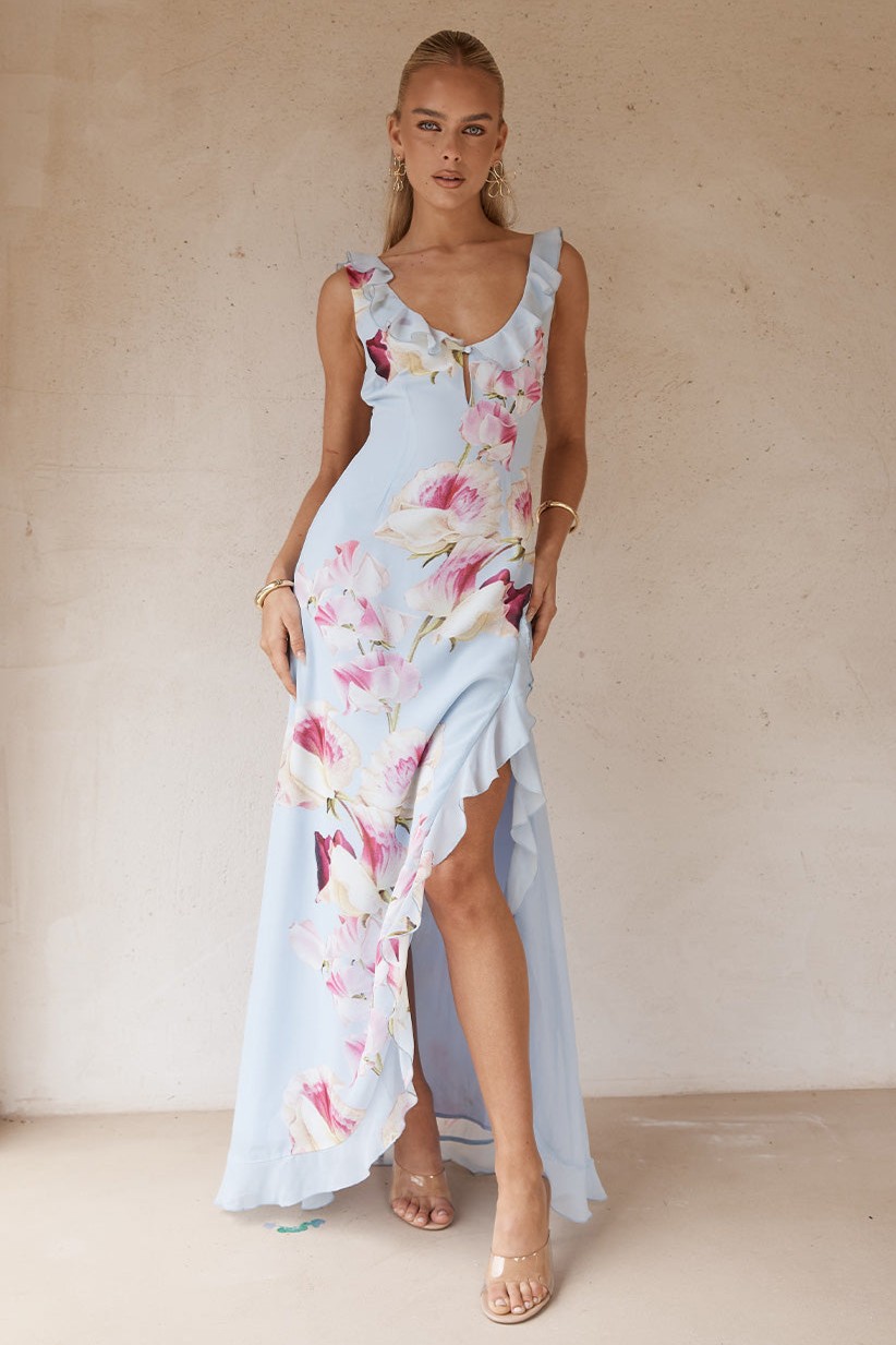 Floral Frill U-Neck Midi Dress