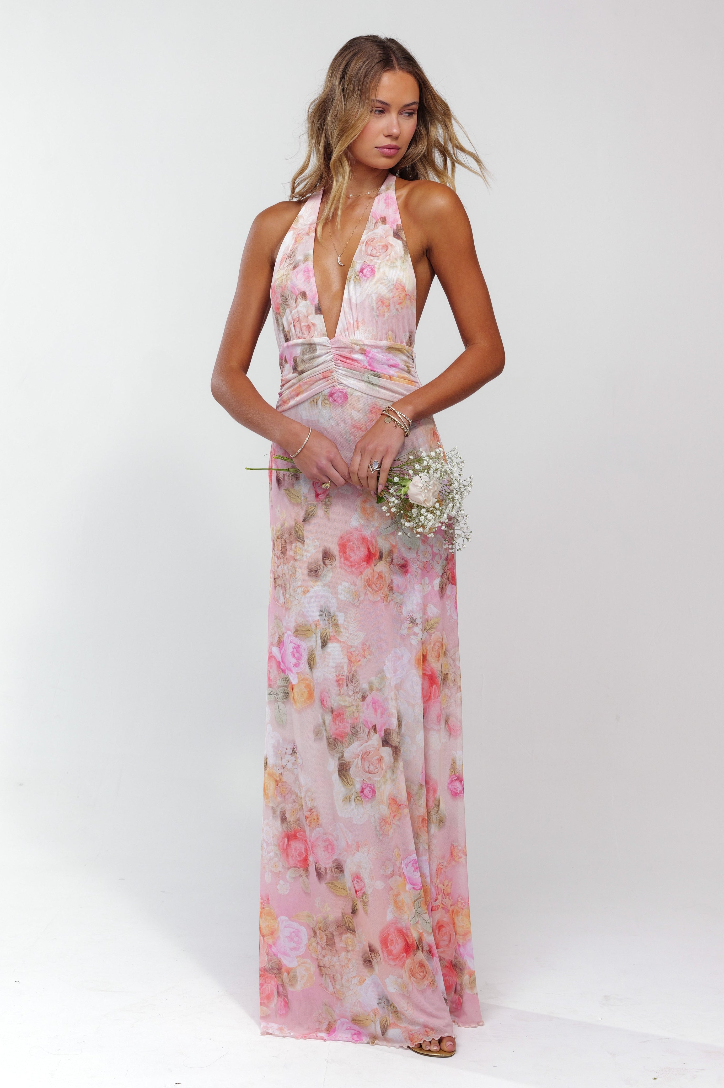 Floral Gathering Halter Neck Maxi Dress