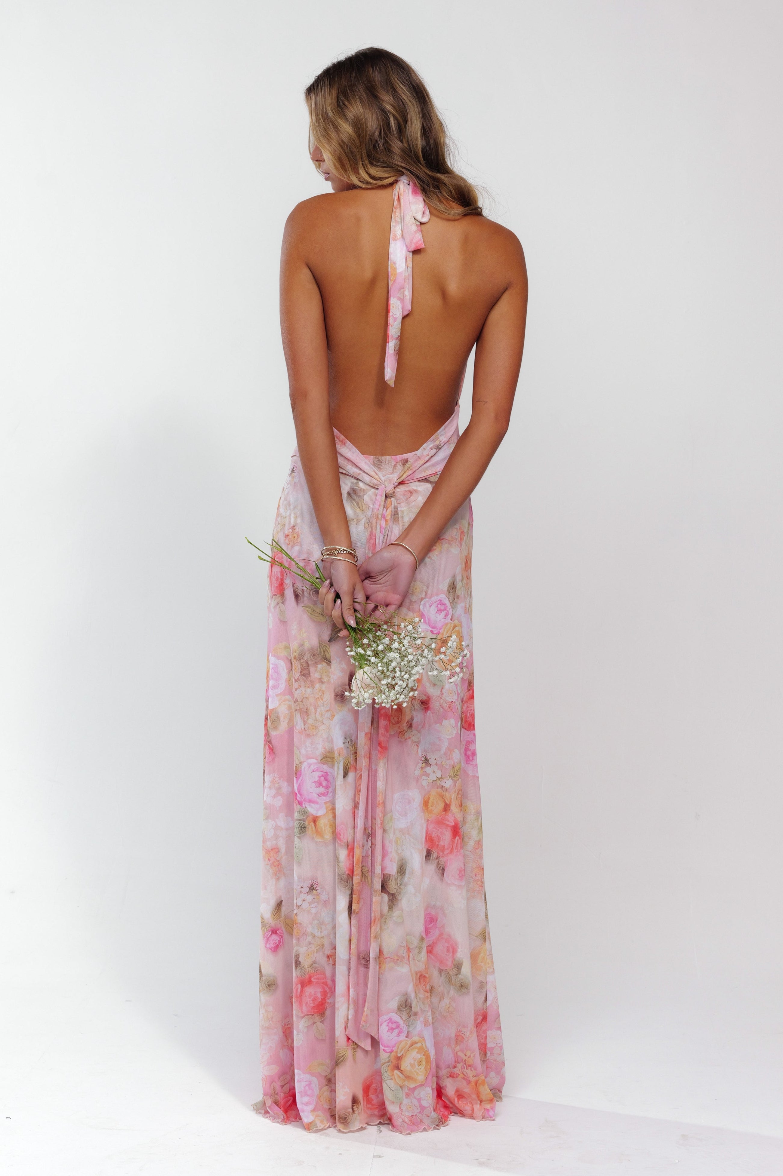 Floral Gathering Halter Neck Maxi Dress