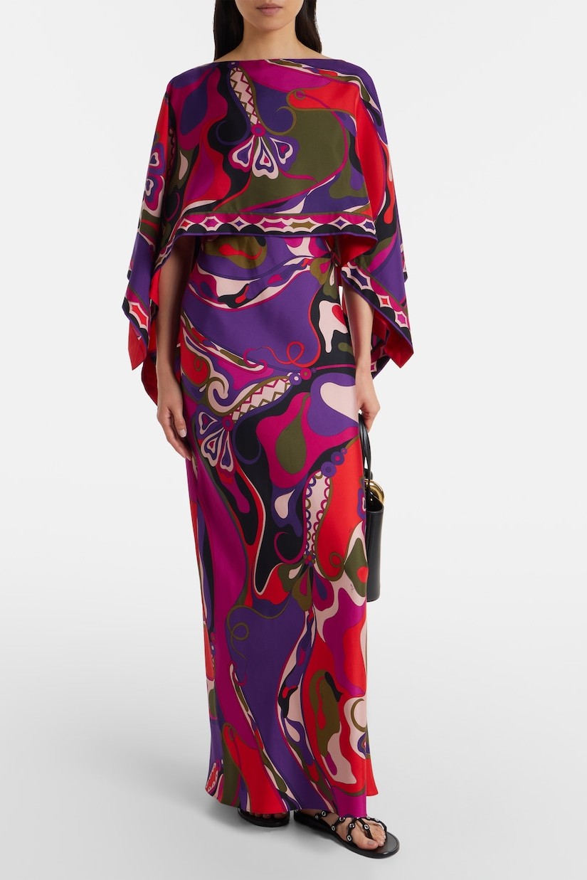 Abstract Print Slip Maxi Dress With Cape