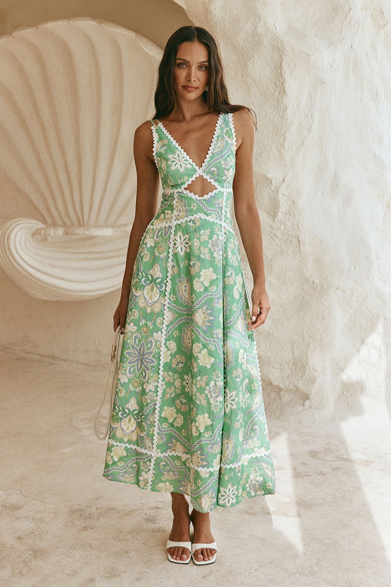 Paisley Print Lace Cut-Out Midi Dress