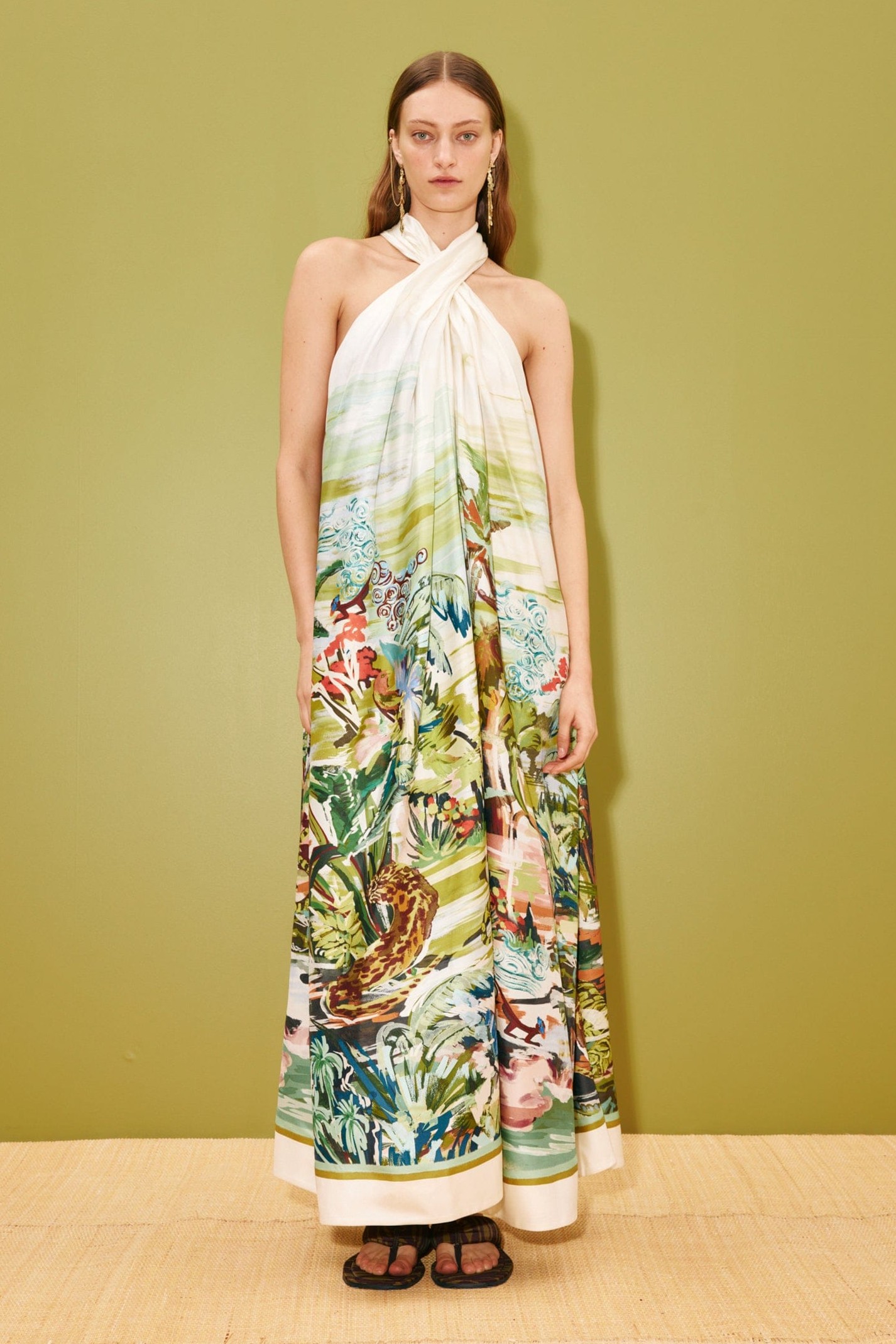 Botanical Print Lace-Up Halter Neck Midi Dress