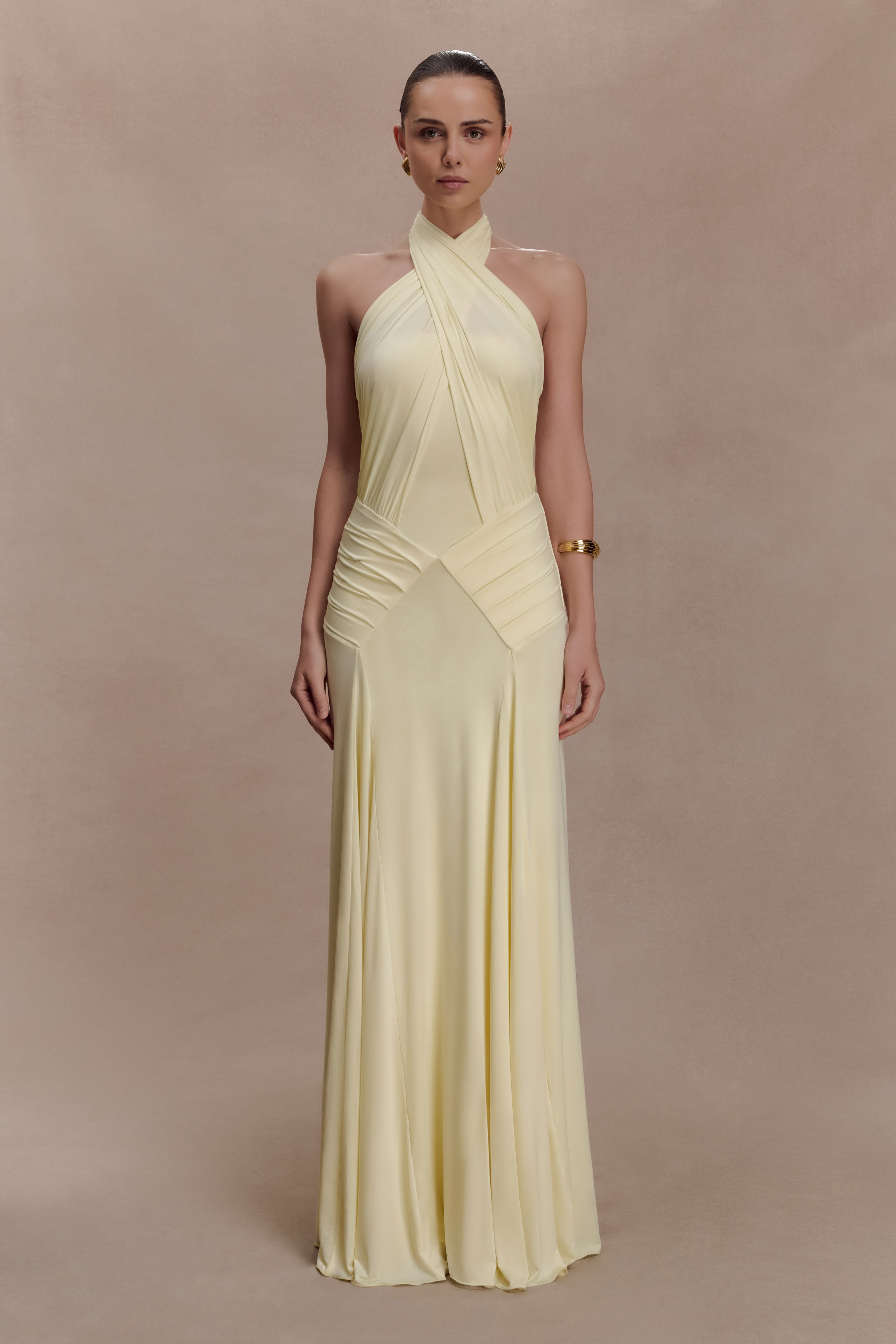 Gathering Solid Halter Neck Maxi Dress