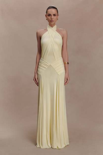Gathering Solid Halter Neck Maxi Dress