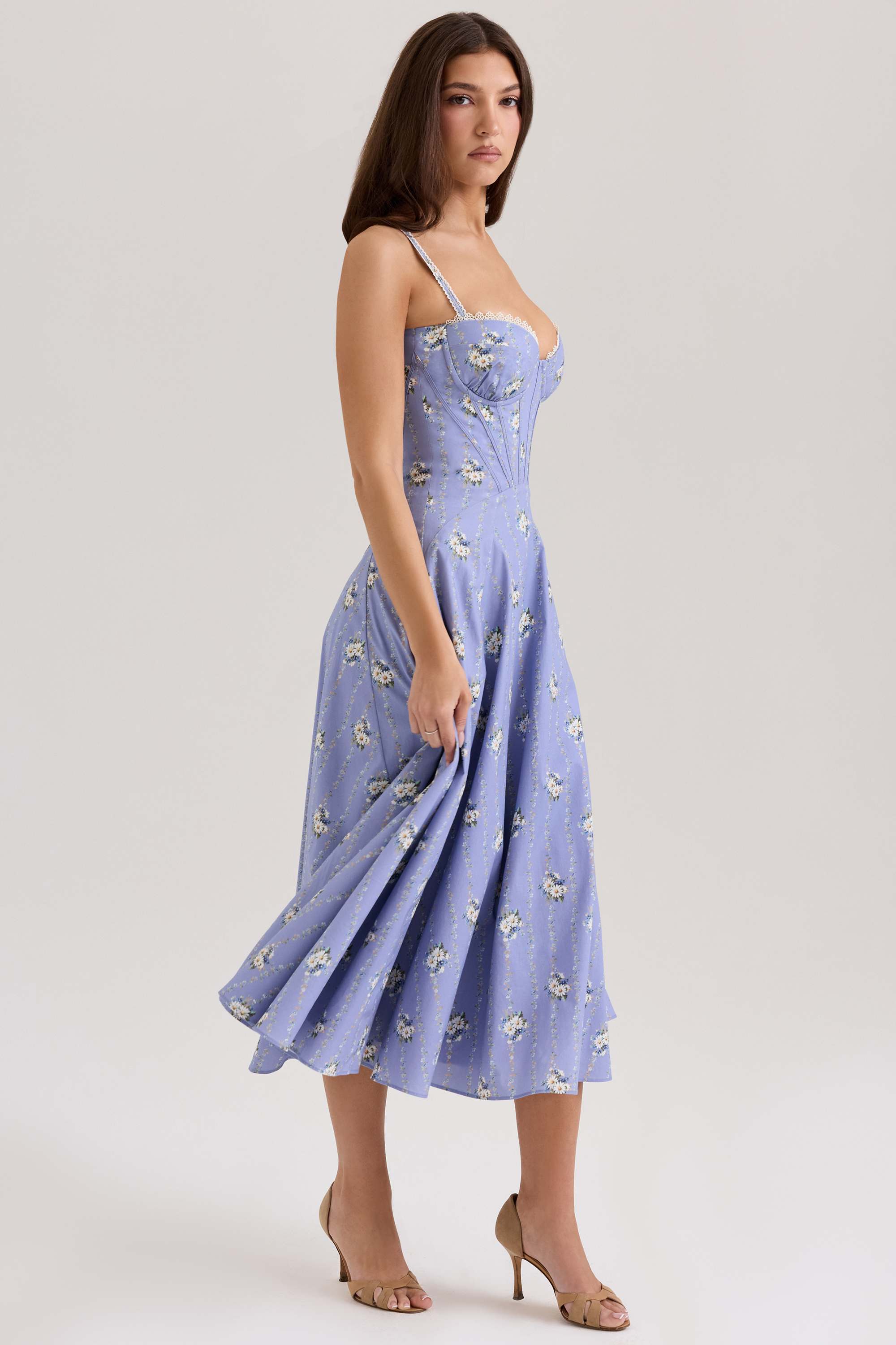 Floral Lace Sweetheart Neck Midi Dress