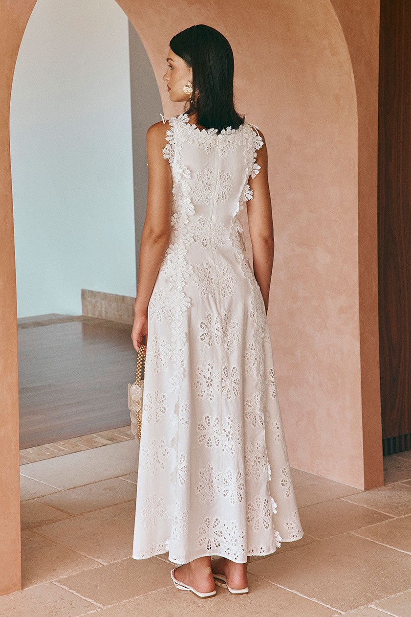 Embroidered Lace-Up Sleeveless Midi Dress