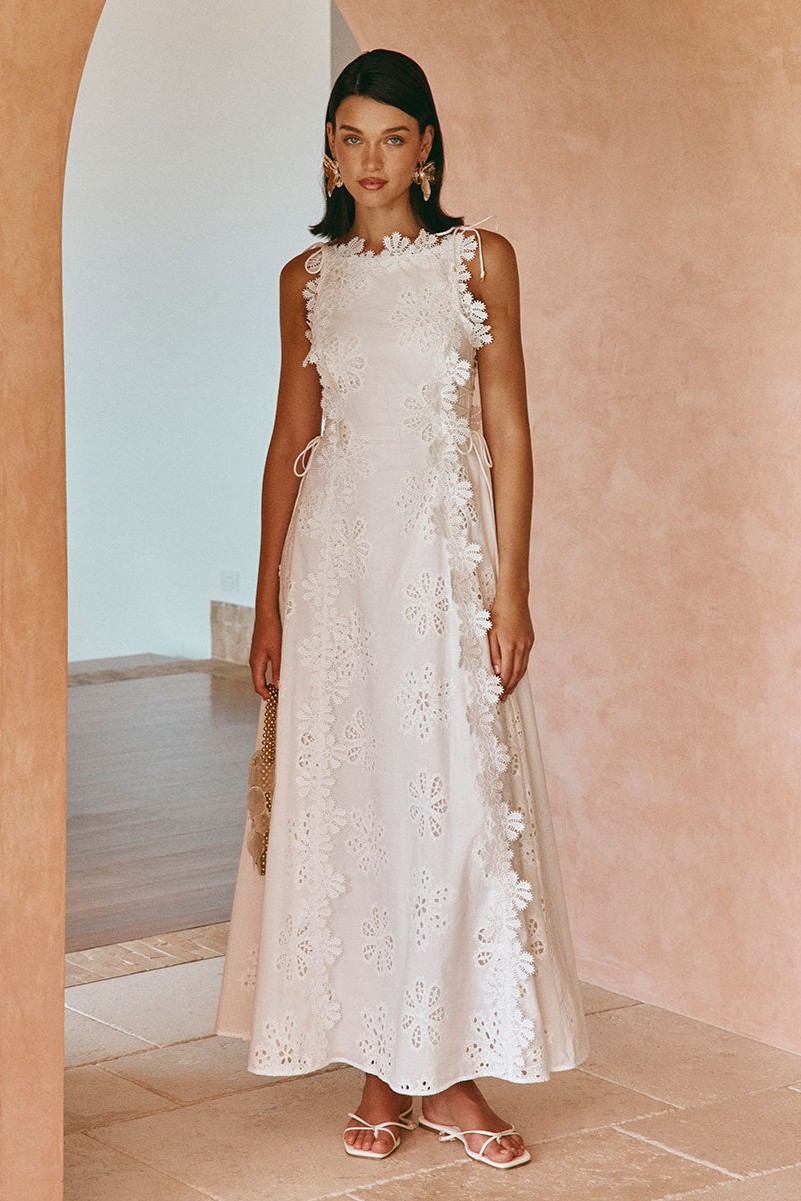 Embroidered Lace-Up Sleeveless Midi Dress