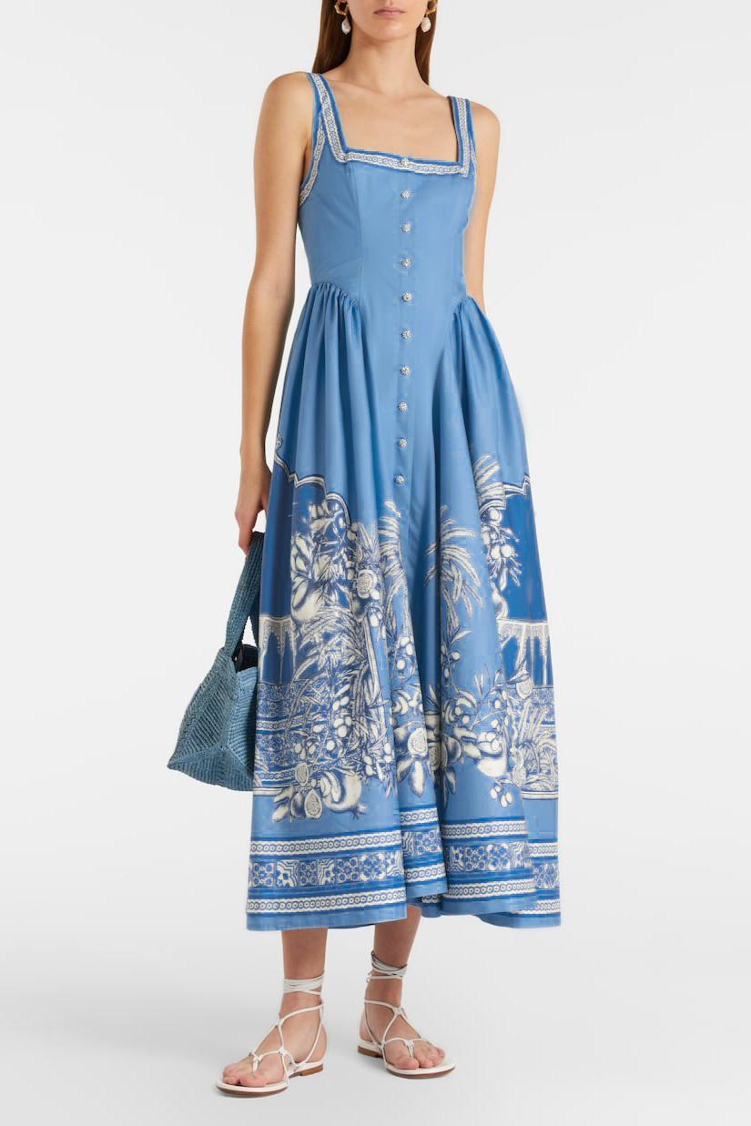 Botanical Print Gathering Single Breasted Midi Dress