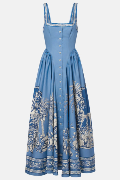 Botanical Print Gathering Single Breasted Midi Dress