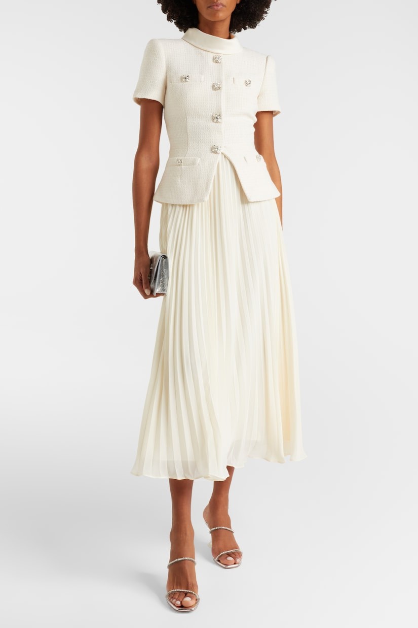 Button Stand Collar Top & Hight Wais Pleated Midi Skirt Set