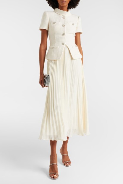 Button Stand Collar Top & Hight Wais Pleated Midi Skirt Set