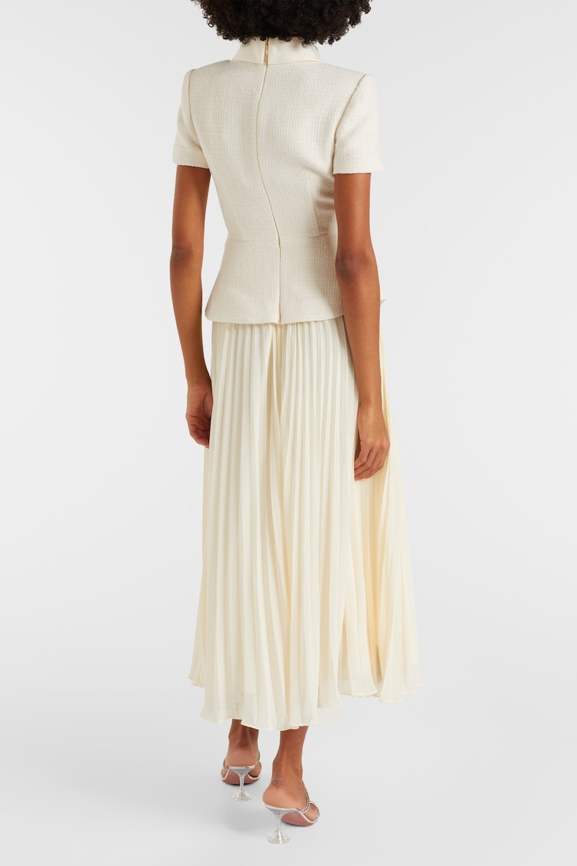 Button Stand Collar Top & Hight Wais Pleated Midi Skirt Set