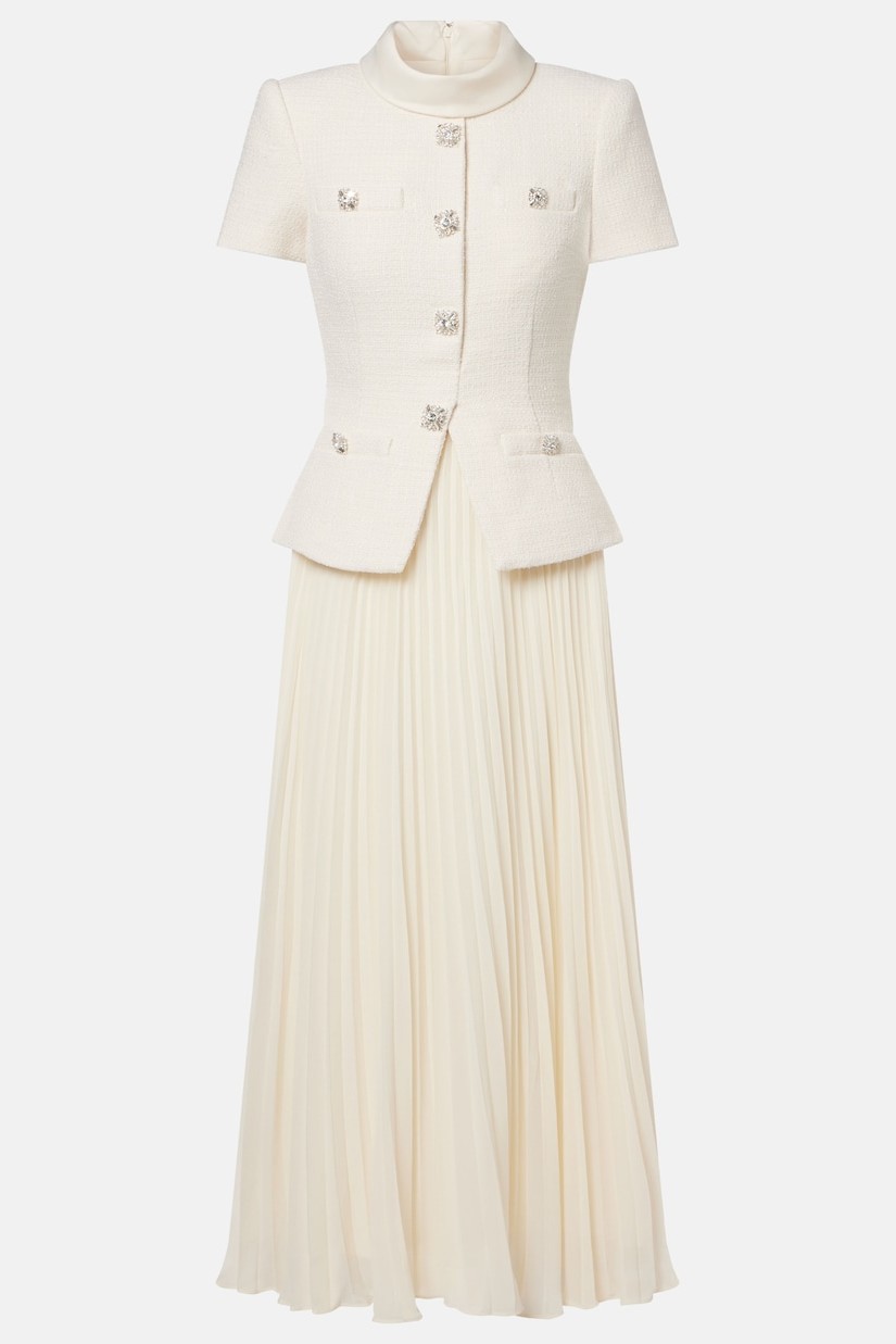 Button Stand Collar Top & Hight Wais Pleated Midi Skirt Set
