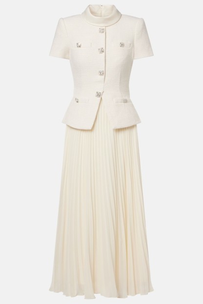 Button Stand Collar Top & Hight Wais Pleated Midi Skirt Set