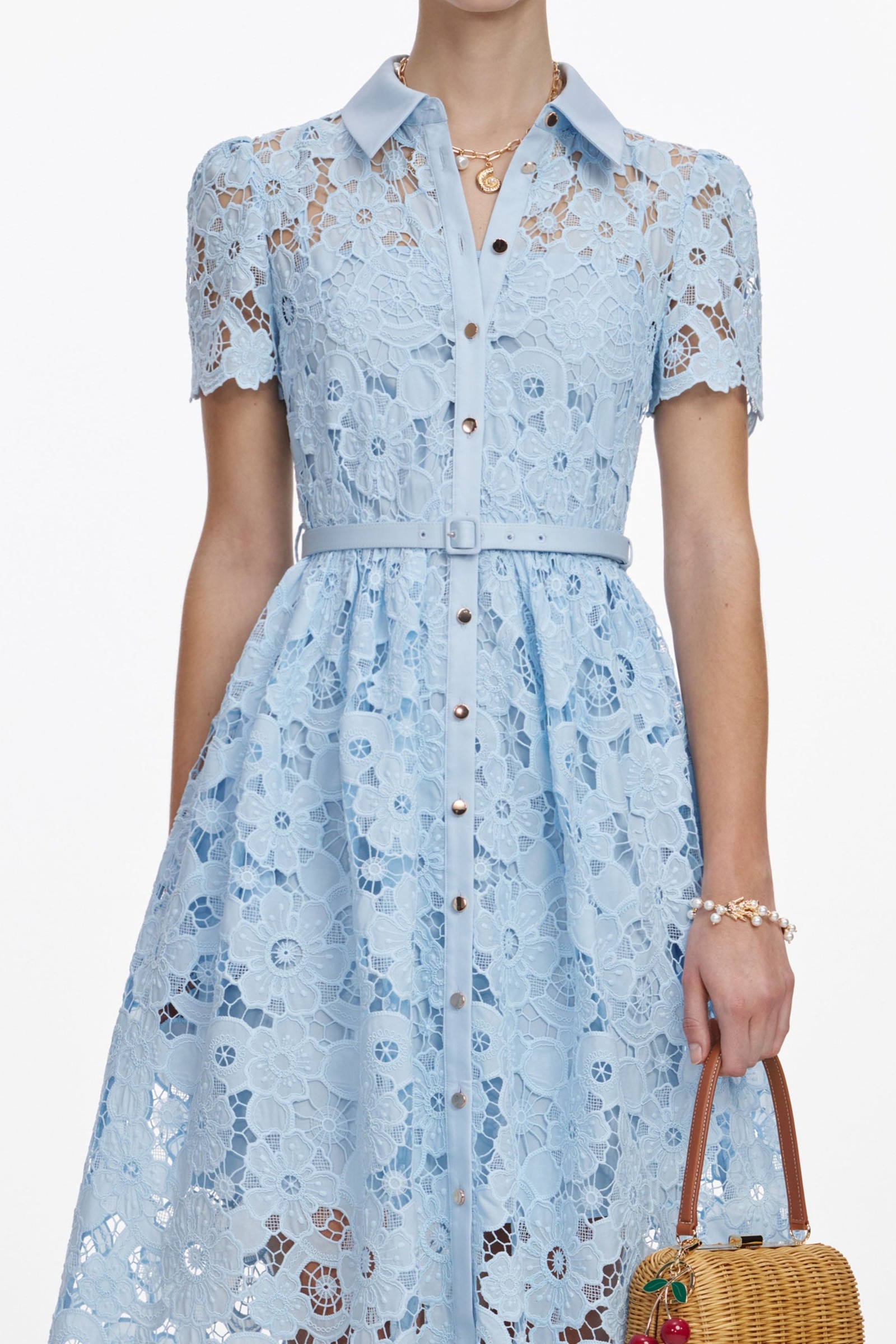 Lace Metal Button Midi Dress With Belt
