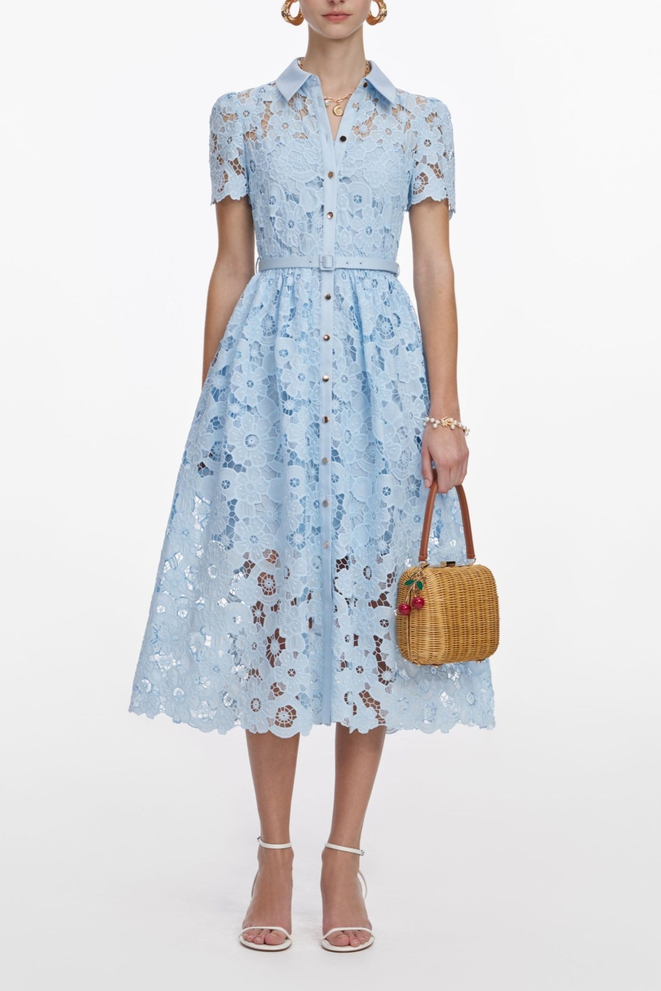 Lace Metal Button Midi Dress With Belt