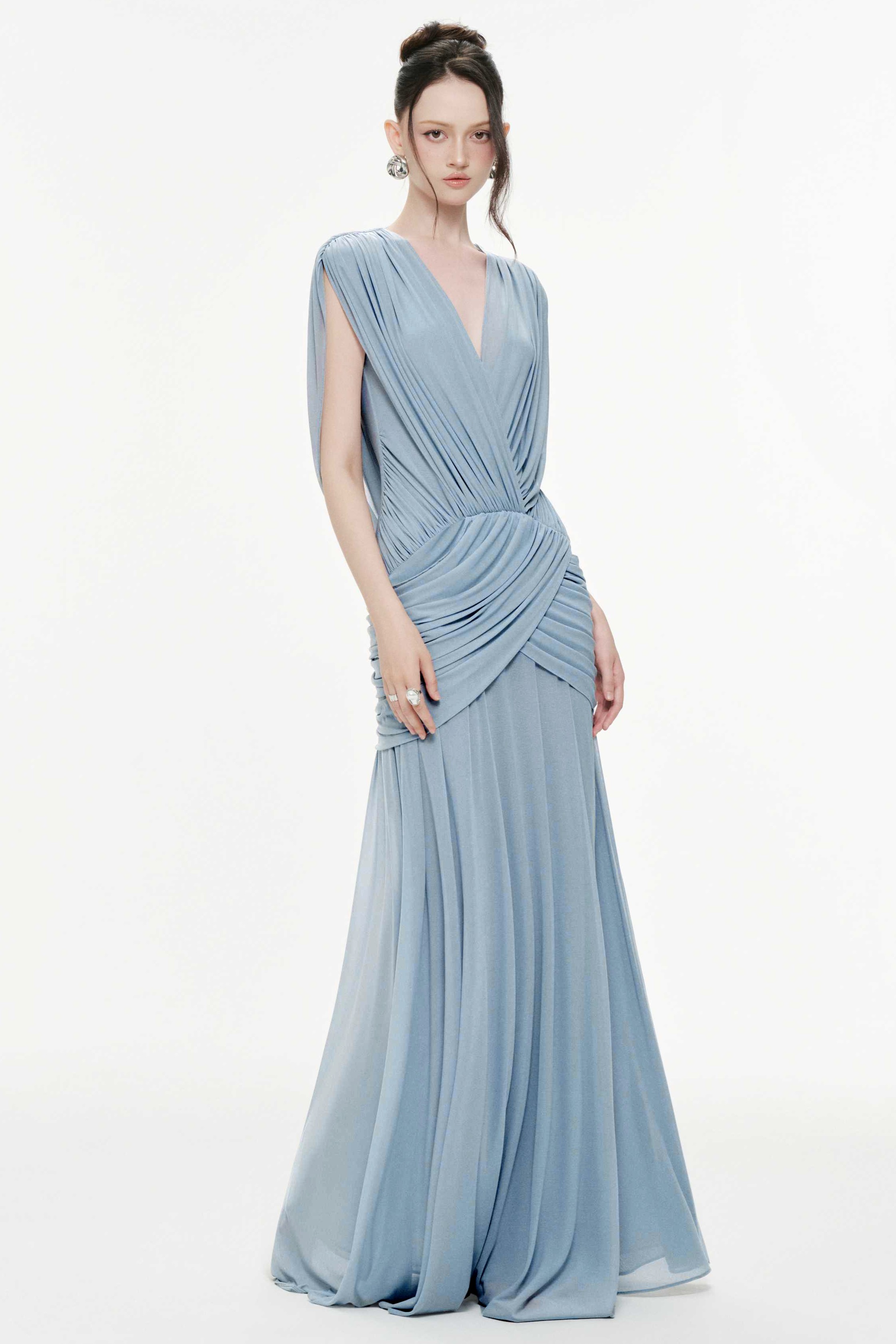 Gathering V-Neck Backless Maxi Dress