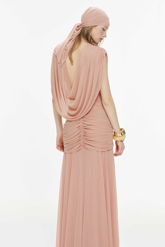 Gathering V-Neck Backless Maxi Dress