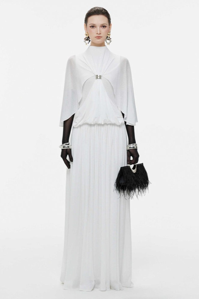 Gathering Metal Decorations Cape Sleeve Maxi Dress