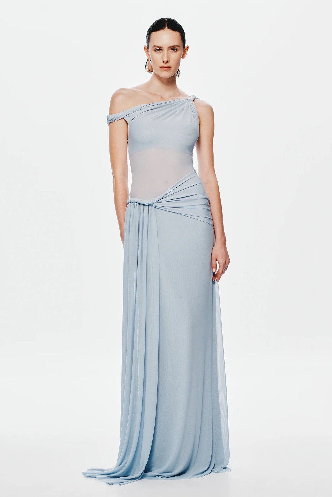 Knotted One Shoulder Ruched Maxi Dress