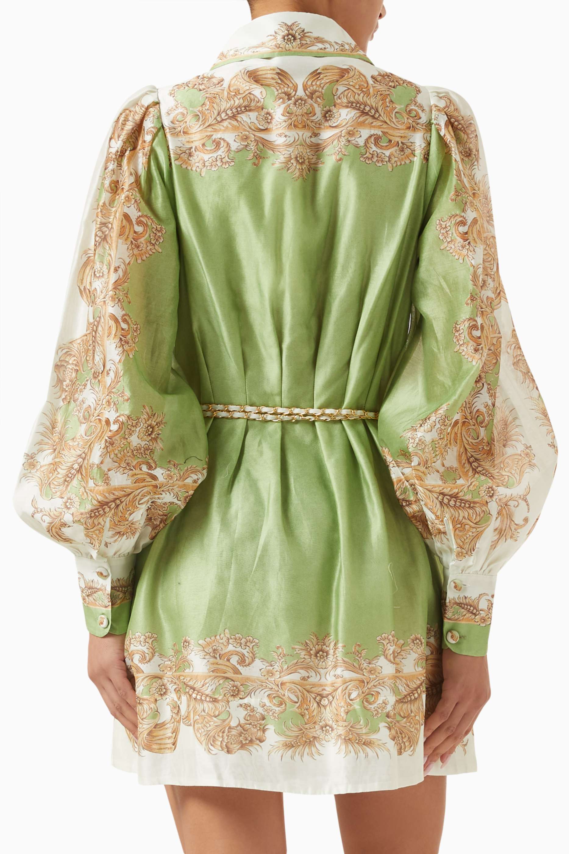 Palace Print Metal Decorations Mini Dress With Belt