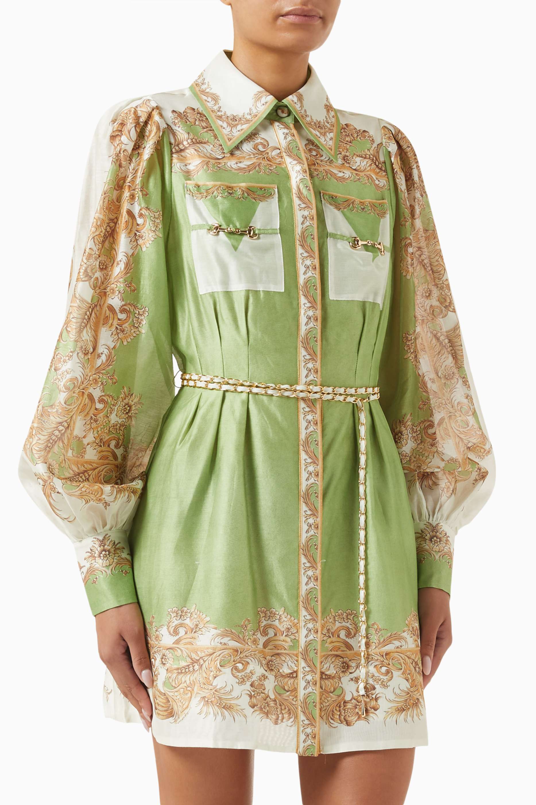 Palace Print Metal Decorations Mini Dress With Belt