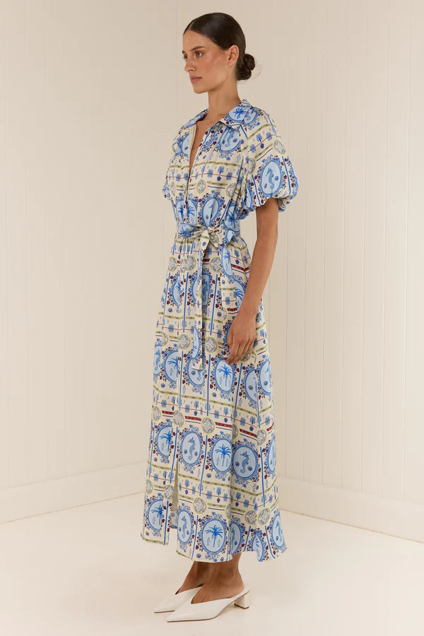 Ocean Print Single Breasted Flapped Midi Dress