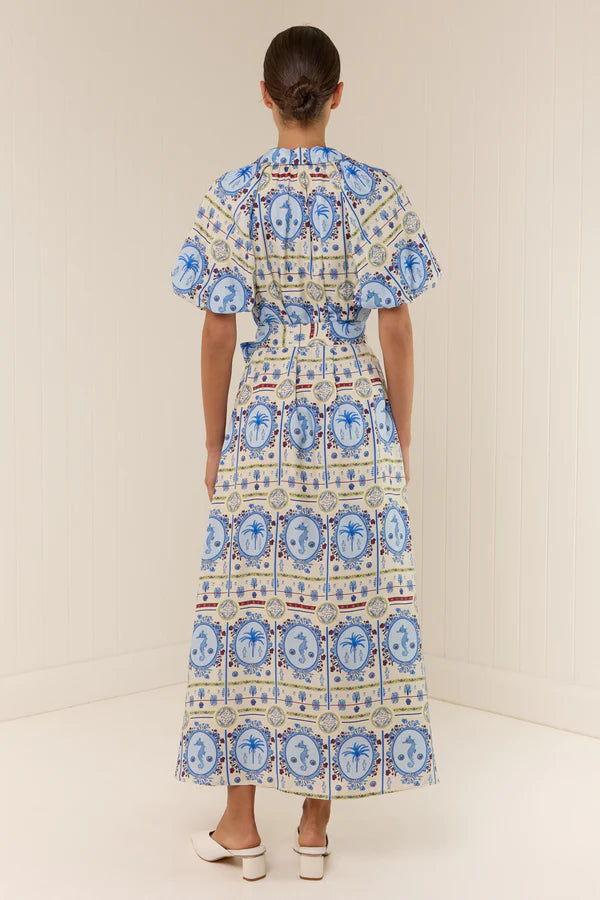 Ocean Print Single Breasted Flapped Midi Dress