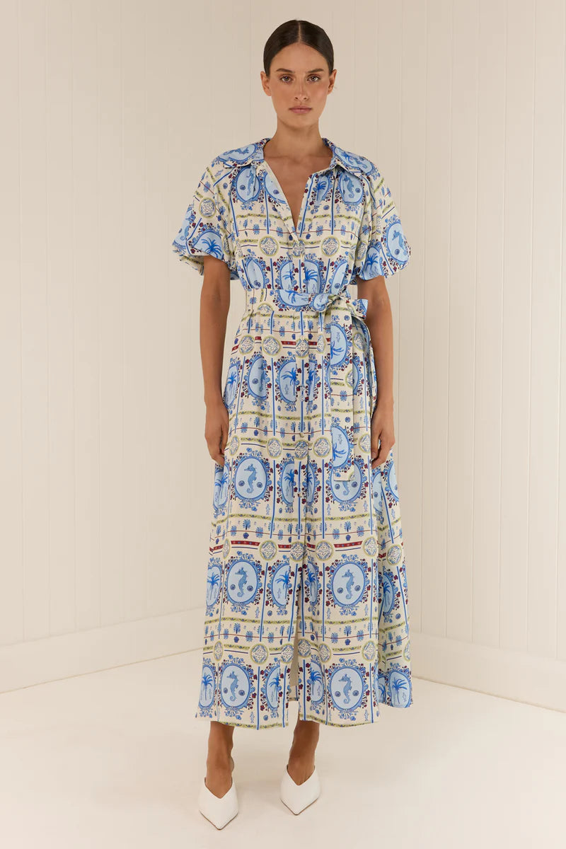 Ocean Print Single Breasted Flapped Midi Dress